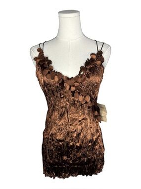 NEW 90s Y2K Vintage Lapis Copper Brown Crinkle Texture Fringe Tank Top